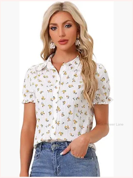 Tops - Vintage Peter Pan Collar Cotton Blouse Short Sleeve Button Down Shirt